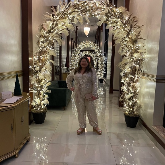 Fashion Plus Size Long Sleeve Jumpsuit Color: cream with silver sequins. - Picture 1 of 3